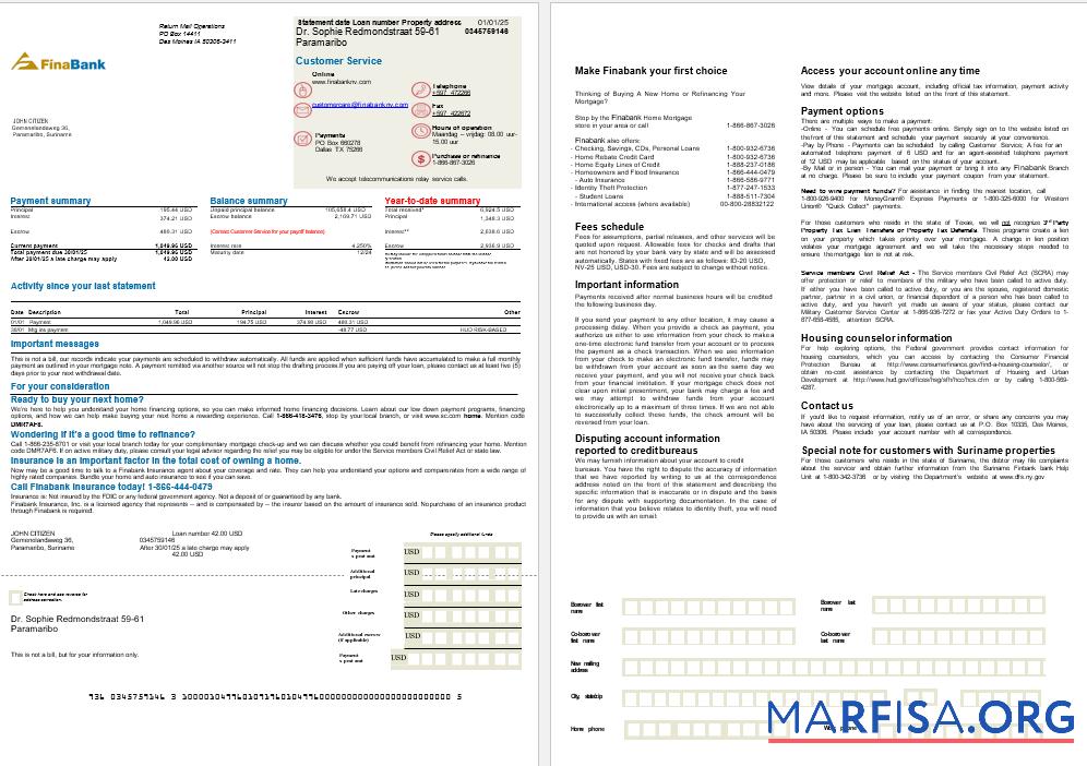 Realistic Suriname Finabank bank mortgage statement in Word and PDF formats, 2 pages sample